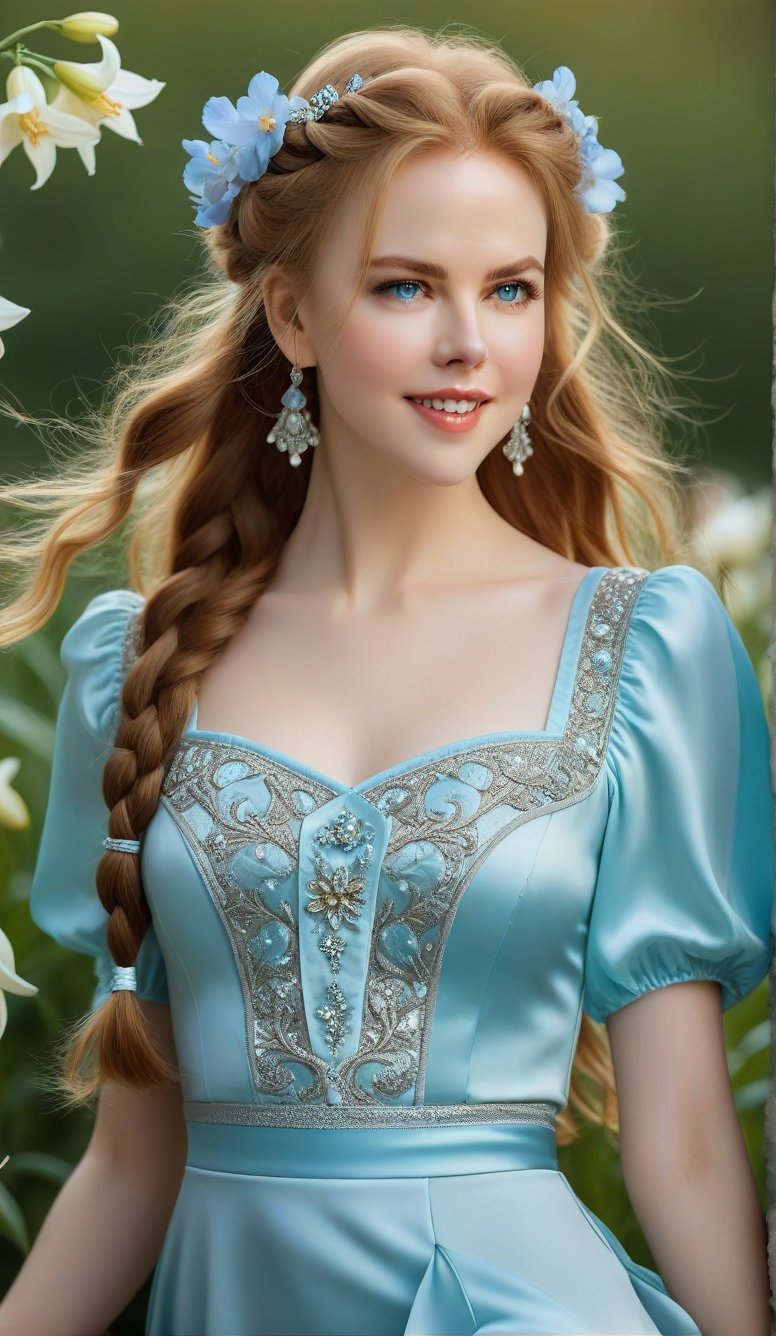 Close-up, young girl with light blue eyes, long thick eyelashes, she looks like 18-year-old Nicole Kidman with messy hair, full body shot, wearing satin pants, standing, beautiful in various colors Wearing beautiful little dresses and casual wear in popular styles, she danced to the music and looked happy. There are also braids of lilies all over the sky, which are extremely beautiful. High quality. Modifiers: Alphonse Mucha, boris valejo dedecent illustration, Anne Boonchuy, art_booster, BlackworkStyleManityro, WOWAI, Expressiveh, Apoloniasxmasbox