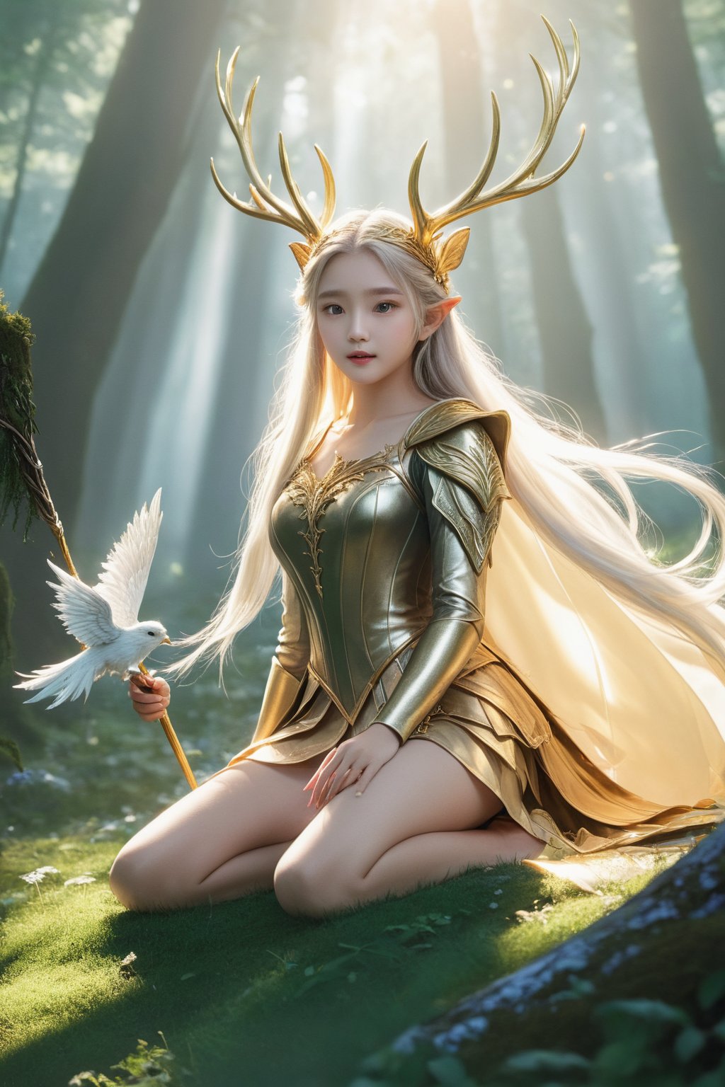 Close-up, masterpiece, there is a super beautiful 16-year-old Korean supermodel girl. She has the ability to summon the Elf King. She recites a spell, (a man who is more handsome than a human man, with gold shining all over his body) and he floats in the air. , the whole atmosphere was very mysterious and fantasy, full of surprises, with all kinds of mythical beasts in the forest surrounding it. The Elf King gave the girl a very beautiful and powerful staff. The girl knelt down on one foot with joy and accepted it with both hands. . At that time, the scene, flowers, trees, grass, mythical beasts, everything was cheering for this, beautiful masterpiece, official art, strong contrast of light and shadow.