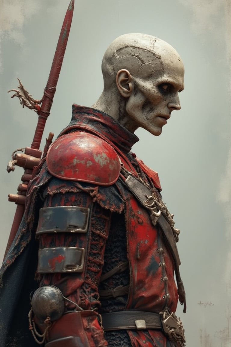 A PVC figure of a medieval zombie-warrior in a side profile view, depicted in volumetric watercolor style. The photorealistic, 128k half-length portrait features high resolution and high detail, with bright lights and maximum detail. The ultra-detailed masterpiece showcases intricate textures and intricate details, capturing the essence of the zombie-warrior. The artwork is inspired by renaissance art.