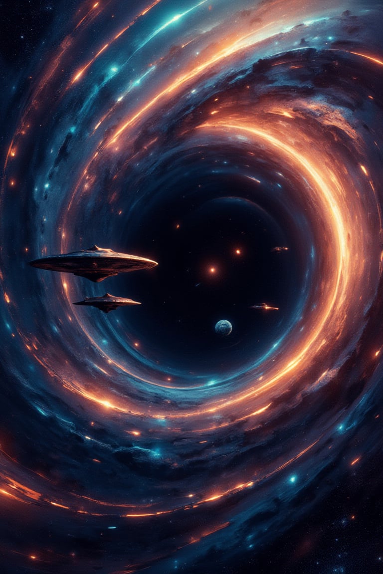 A surreal fleet of UFO starships flying in a realistic black hole vortex, 8k resolution, crisp focus, RTX.