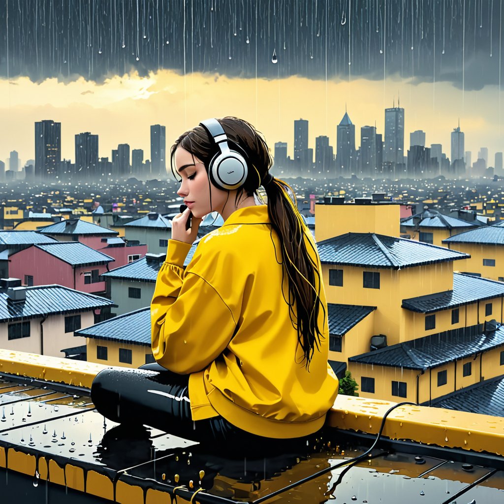 A melancholy young woman with a long ponytail sits alone on a roof soaked by heavy rain, immersed in the soothing melody coming from her headphones. Yellow and black tones dominate the scene, evoking a Lofi atmosphere. In the distance, the cityscape is filled with urban life, which contrasts sharply with her peaceful reverie. The sound of raindrops hitting the pavement creates a peaceful accompaniment as she gently sways to the beat.