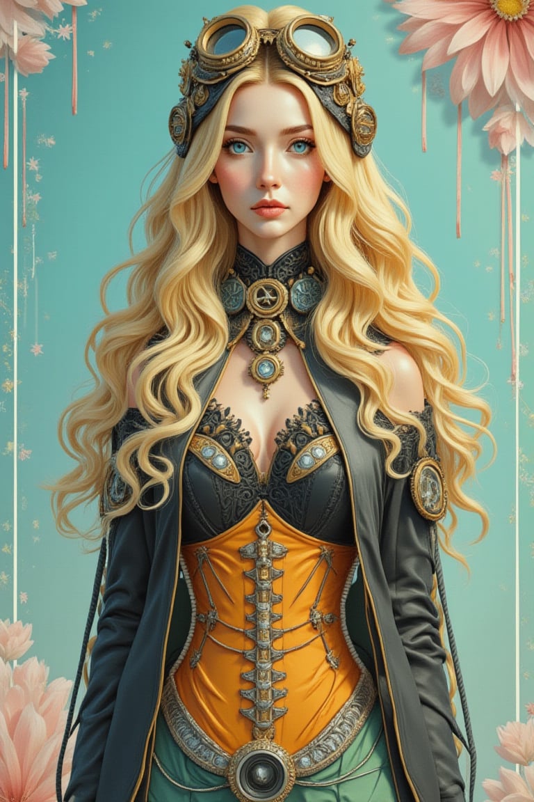 A beautiful acrylic model depicts a very beautiful woman with long wavy yellow hair, dressed as a romantic queen of love, blending the elegance of an empress with steampunk and cybernetic elements. She wears a striking black dress with an orange corset to highlight her waistline, and a light green skirt to add a playful touch. The costume features steampunk accessories—gears, goggles, and metallic details—combined with cybernetic enhancements to give her a futuristic edge. The background uses a light blue gradient color and light pink and light yellow complementary color textures to create a vibrant and dynamic atmosphere, highlighting her domineering power.