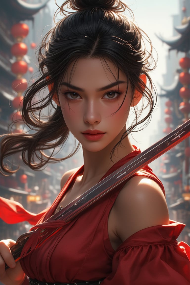 Close-up portrait of the fighting and beautiful "Chunxiang", 128, wearing the "Chunxiang Dress" in the fast fighting whirlwind, holding a sword, with a vibrant city street in the background. The image features intricate detail, capturing her confident expression and dynamic pose. The style is a fusion of Ivan Talavera and Artgerm, with Artgerm's signature hyper-detailed aesthetic. The lighting is very dramatic, highlighting her features and the texture of her clothes. The composition is centered, focusing on Chun-Li's powerful presence.