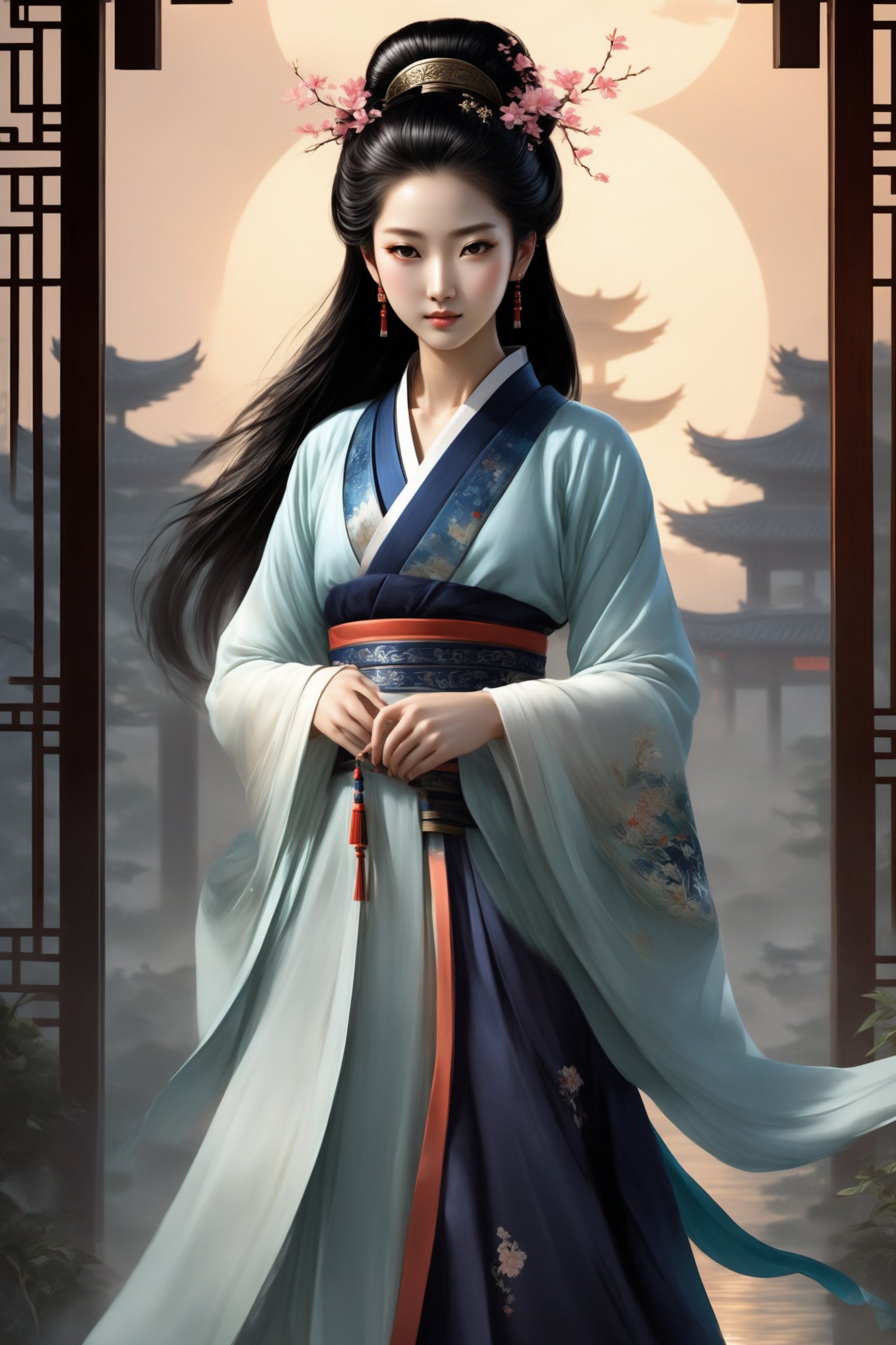 A woman with three-dimensional facial features that are more beautiful than modern Korean female supermodels. She has beautiful big black eyes and bright, long and dense eyelashes. She wears a Han Dynasty lily bun, exquisite and gorgeous hair accessories, and her whole body is very charming, but Because as a killer, her eyes have a very strong killing intent. In order to hide her identity, she sometimes wears various Hanfus worn by ancieA woman with three-dimensional facial features that are more beautiful than modern Korean female supermodels. She has beautiful big black eyes and bright, long and dense eyelashes. She wears a Han Dynasty lily bun, exquisite and gorgeous hair accessories, earrings, rings, and bracelets. , hairpin, and very attractive all over, but because she is a killer, her eyes have a very strong killing intent. Sometimes in order to hide her identity, she will wear various Hanfus worn by ancient Chinese women, and follow the wind. The shiny and delicate long black hair and clothes are fluttering in the wind. She is an ultimate masterpiece. Her body proportions are also very good, which was very rare in ancient times. The ratio of head to body is 1:8. Every time she looks at the audience, the audience will be deeply attracted by her. She is deeply attracted and beautiful, but you will also be shocked by her eyes. Her whole body is extremely detailed. She is both a beauty and a talented person. There will always be an exquisite and rare long sword on the belt around her waist (it is refined in ancient times and can break the sword and iron). She is very beautiful when she wears the beautiful ancient gorgeous and exquisite Hanfu.
Background: The vast starry sky, a bright moon, exquisite ancient buildings, ancient trees, and ancient gardens. There are many fireflies in the garden, which makes the garden more beautiful. light and shadow. Exquisitely detailed oil painting designs complement modern film effects and lighting