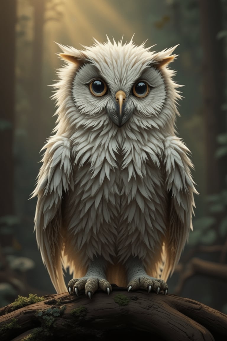 Funny animals in the Midjourney style, photorealism, cinematic style, high fidelity, realism, chiaroscuro, play of shadow and light, rays of light. A small zhibi owl, capturing the whimsical and photorealistic essence of the scene.