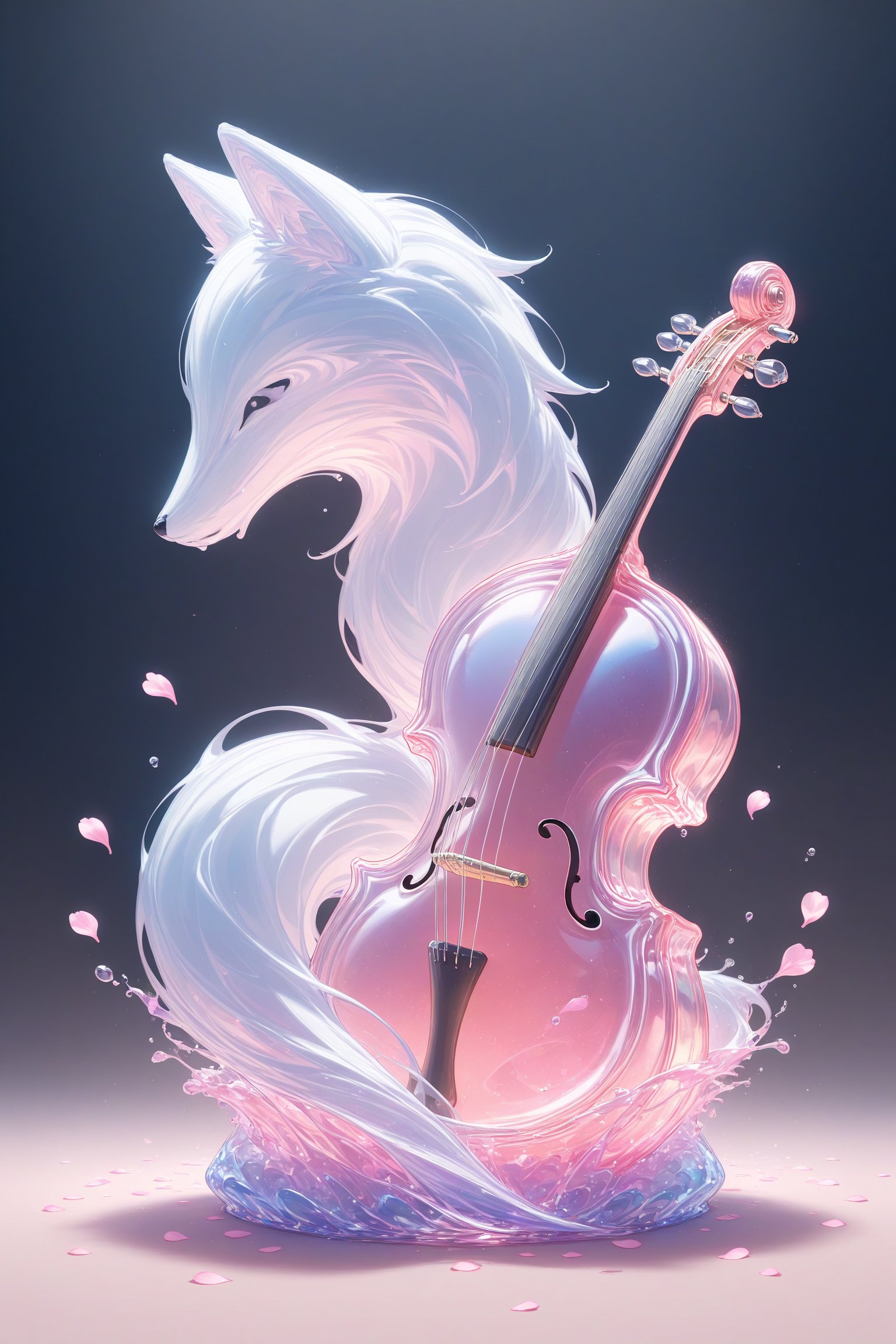 {Elegant crystal glass cello with beautiful curves filled with marbled pink and white liquid forming the shape of a fox. Foxes have fur and texture. Smooth animal silhouettes with wavy dynamic movement. Pastel petals float around the vase. }