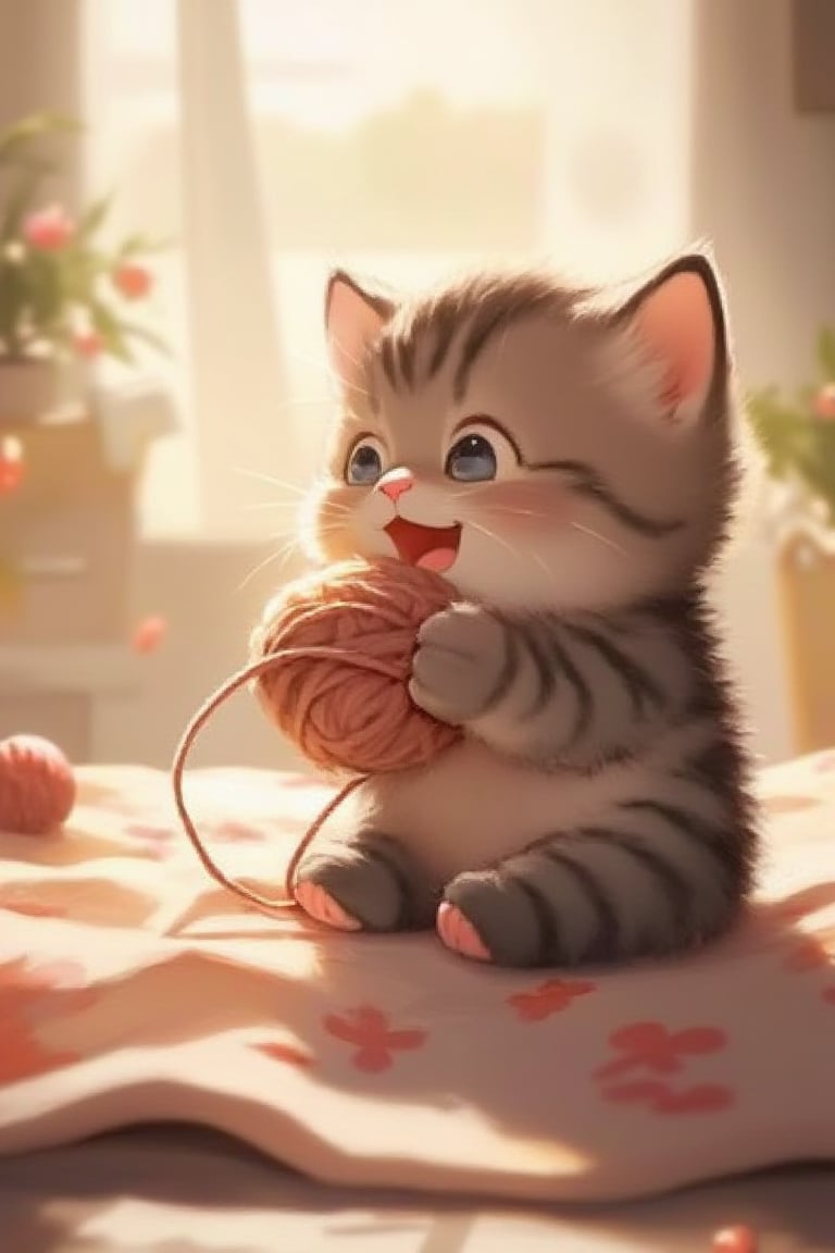 Realistic high quality, Pixar anime movie scene style bedroom, flowers blooming, a cute little fuzzy kitten playing with a yarn ball on a blanket, enjoying and radiating happiness. Flowers and lighting bokeh background, depth of field.