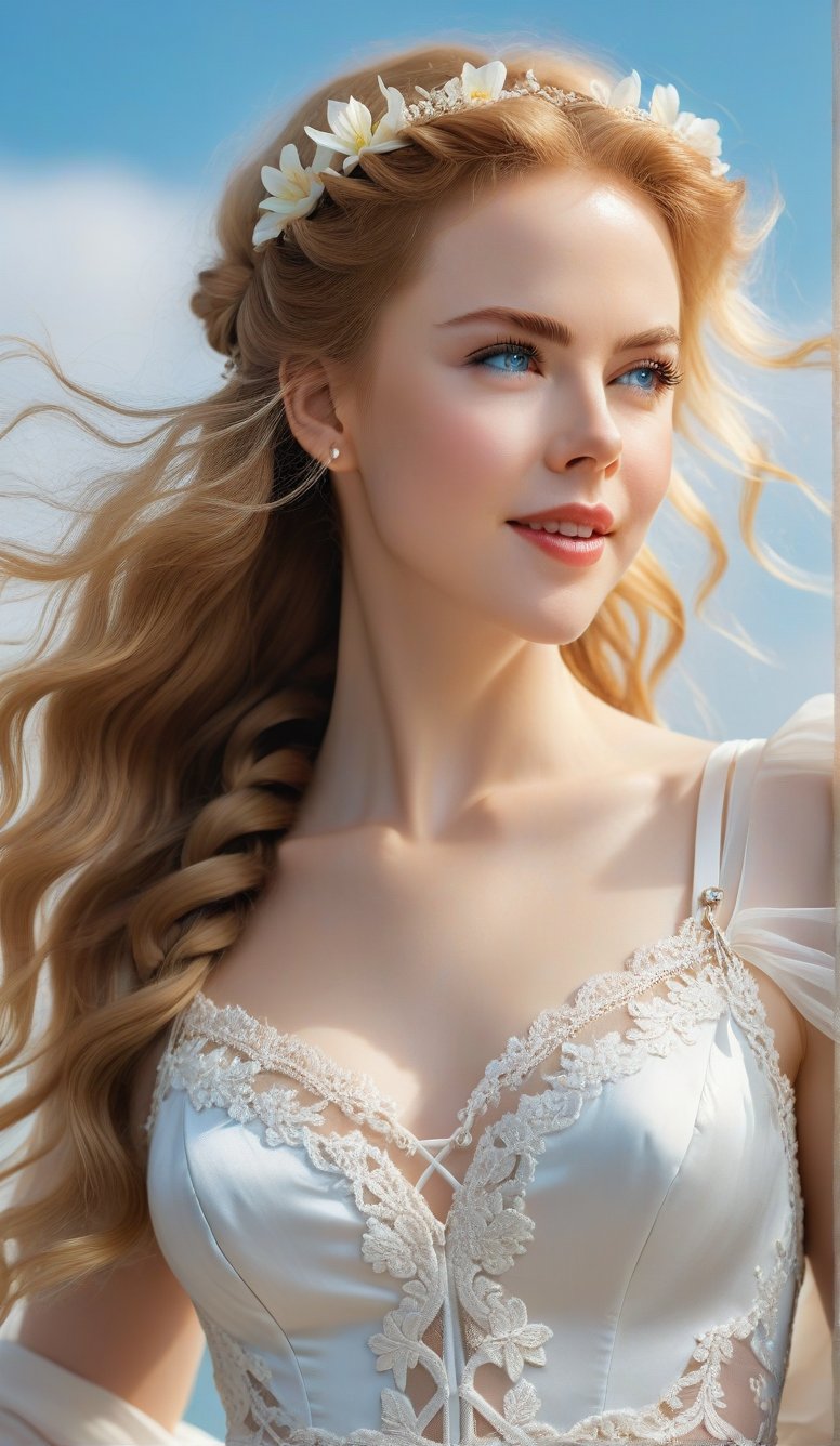 Close-up, young girl with light blue eyes, long thick eyelashes, she looks like 18-year-old Nicole Kidman, with messy hair, full body shot, wearing satin pants, standing, wearing beautiful white Dressed in mesh and lace, she danced to the music and looked very happy. There are also braids of lilies all over the sky, which are extremely beautiful. High quality. Modifiers: Alphonse Mucha, boris valejo dedecent illustration, Anne Boonchuy, art_booster, BlackworkStyleManityro, WOWAI, Expressiveh, Apoloniasxmasbox