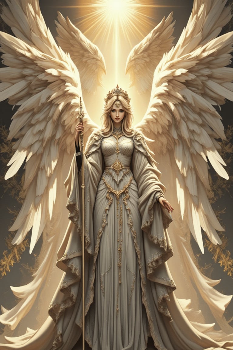 A high-resolution, 128K masterpiece featuring the highest-ranking angel in angel mythology, Seraphim, with six wings. This official art, expressed in anime style, showcases super-detailed, realistic elements. Seraphim, always serving beside the Most High God, regularly speaks Holy, holy to show respect. The artwork captures the divine essence and reverence of this angelic being, creating a visually stunning and awe-inspiring masterpiece.