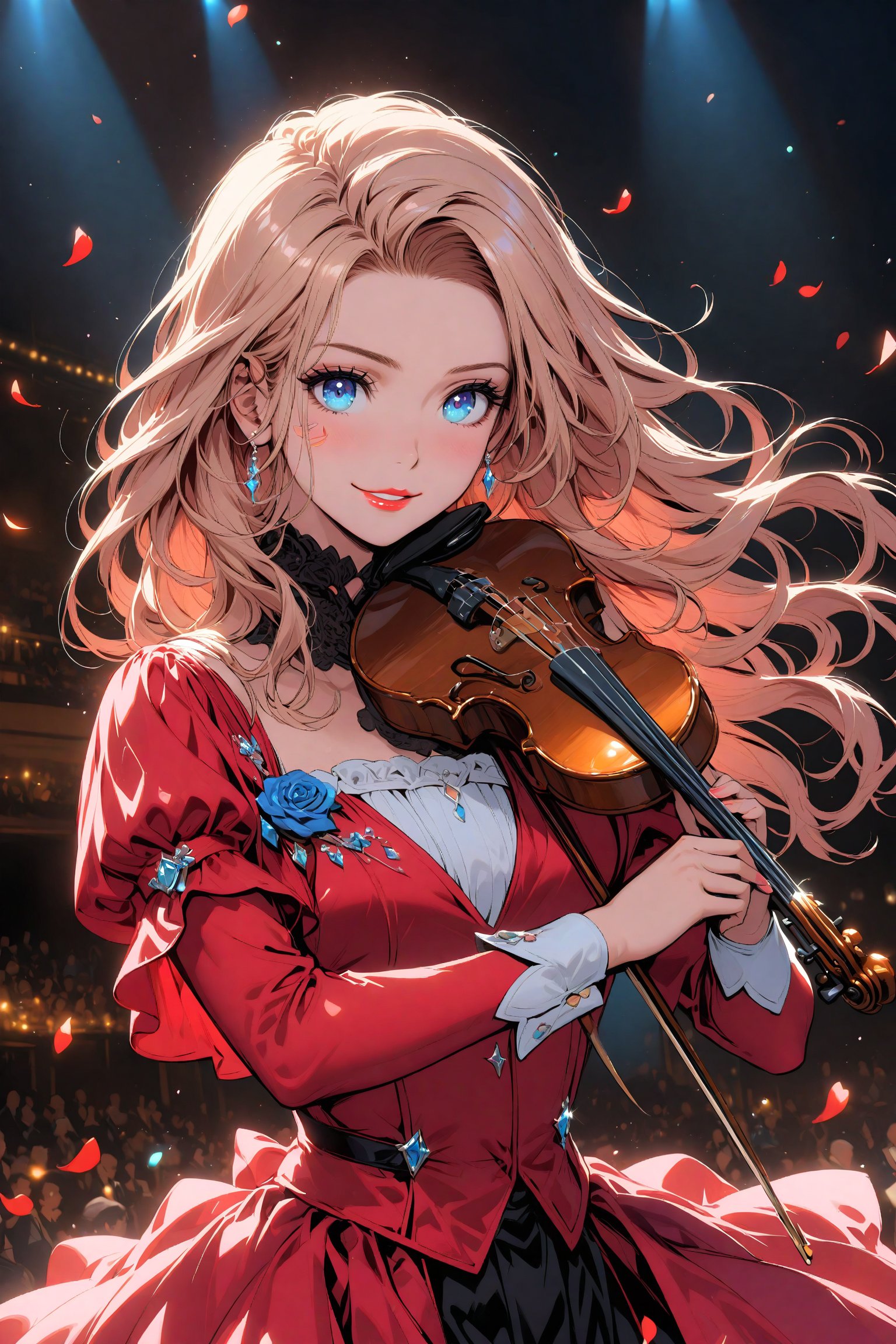 1girl, solo, beautiful violinist. A beautiful and charming 19-year-old girl with long wavy blonde hair and shiny hair. Beautiful facial features, big and beautiful blue pupils, long and dense eyelashes, making the eyes appear bigger and brighter, slightly raised red lips, as if smiling. The girl is a world champion violinist (Fritz Kreisler), whose skill on the violin is unique. Playing: the beautiful Rose Marlene. When the girl plays the violin, she moves around the venue with great movements. The sound of music The notes are jumping in the real world, and each note is dancing like a human being. The whole atmosphere is very joyful.