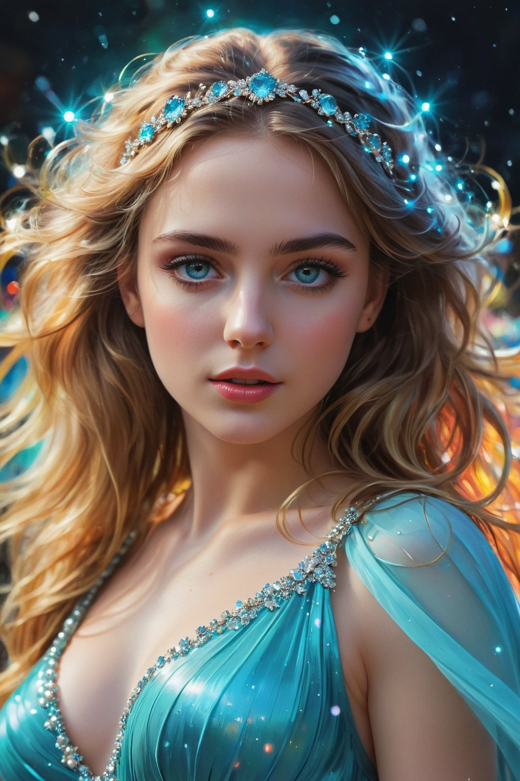 mj, RTX, 8k, HDR, best quality, cinematic story, (masterpiece), Andrey Atroshenko, Tanya Shatseva, Ross Tran, Anna Razumovskaya, art, realistic art, digital illustration, portrait, bright saturated colors, girl's turquoise eyes Big and lively, with long and dense eyelashes, the eyes seem to be able to speak and be lively, attracting the eyes of all viewers. And the beautiful long wavy hair, as golden as silk, flutters in the wind, showing extremely flamboyant beauty. Inappropriate. Stunning beauty. But the eyes of such a beauty kept weeping, and the tears fell all over the floor like crystal, beautiful and shiny pearls of a rainbow. The background is: beautiful midnight, the starry sky and the light of pearls reflect each other. Creates a beautiful colorful halo.
Digital art, light and shadow art are also integrated into all of them. Vivid narrative realism, art by Carne Griffiths and Wadim Kashin,full body.