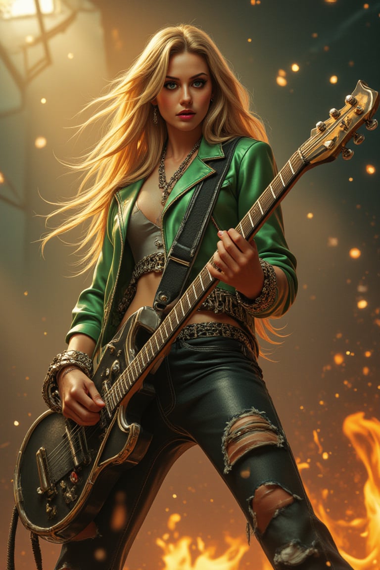 A stunning, ultra-detailed CG illustration of a fierce female rock star, wearing a light green bright leather jacket and ripped jeans, with dark eyeliner and pink lipstick. She stands tall, exuding a luxurious atmosphere, as she performs an epic guitar solo with her metal electric guitar, which is on fire. The cinematic lighting composition, looking up, showcases her powerful presence and optimal shadows, highlighting her extremely beautiful and detailed eyes, face, nose, and hands. This high-quality, photorealistic masterpiece captures the essence of a heavy metal, biker chick with chains and spikes, as she dominates the stage with her heavy music and fiery performance.