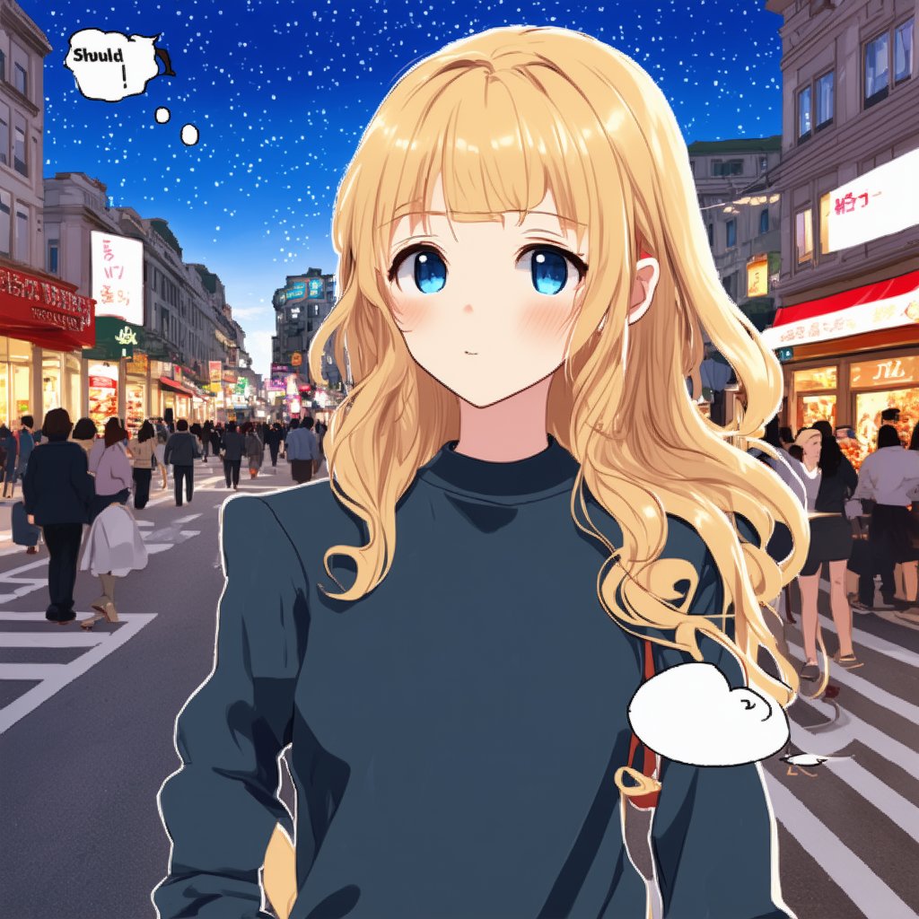 Stunning RTX, 8K HDR, a beautiful Korean female supermodel girl with big blue eyes, long thick eyelashes, beautiful long blond wavy hair, the female supermodel goes out to buy snacks, wearing casual clothes, walking On the street. As she walked, she thought: What should I buy today? There will be a comic dialogue box on this screen, and the words inside are psychological words. This is anime style. Picture perfect. Correct body structure, girl's tall figure of 175 cm. Very noticeable on the road. The girl thought again: (dialogue box) Should I wear sunglasses? Background: sky full of stars, brightly lit streets. There are many people passing by. Full of joyful atmosphere. light and shadow.
Anime style. Super masterpiece..