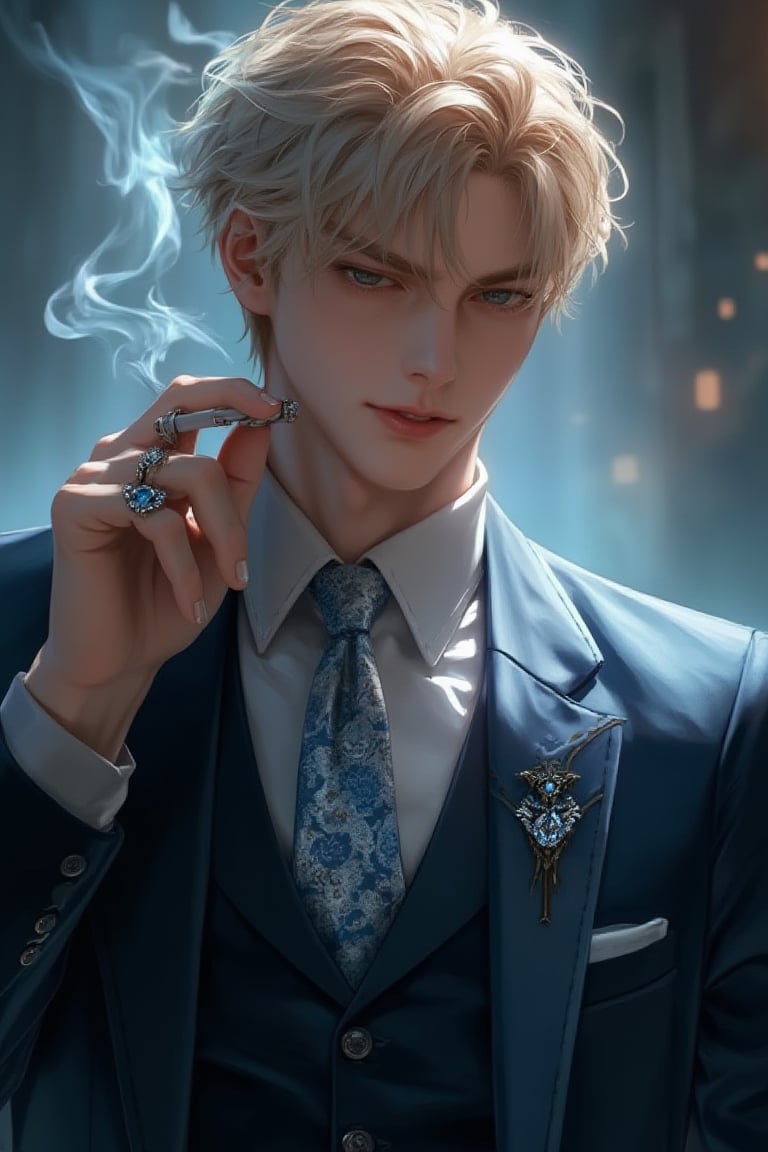 (Best picture quality, 128K, HD, Masterpiece: 1.2), super detailed, (real: 1.37), a man 188cm tall, with extremely white skin, short blonde hair like silk, wearing formal clothes, handsome and delicate, blue eyes, eyelashes Long, bushy, focused, with tightly pursed lips and a determined expression. He stood in front of the floor-to-ceiling windows of a large private office, under the backlight, smoking a cigarette, and his mood was serious. He looked at the camera and smiled coldly. One smooth motion. Male focus, silver blue tie, watch, sapphire ring, black shiny men's leather shoes, high resolution details. Rococo art, anime style. Incredible and mysterious atmosphere. (full body display)