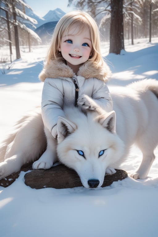 A little girl with blond hair and very fair skin. She is only 4 years old, but she grew up with a snow wolf with white fur and blue eyes. The snow wolf loves the little girl very much. He can put her to sleep and carry her on the grassland. The little girl always smiles happily. The little girl is extremely beautiful, with blue eyes, very lively, and long and thick eyelashes. To make her even more beautiful, she would often roll around on the grass with the snow wolf. The little girl wears all kinds of cute clothes. Outdoors, sunshine, mountains, trees, flowers, birds, butterflies. light and shadow. 