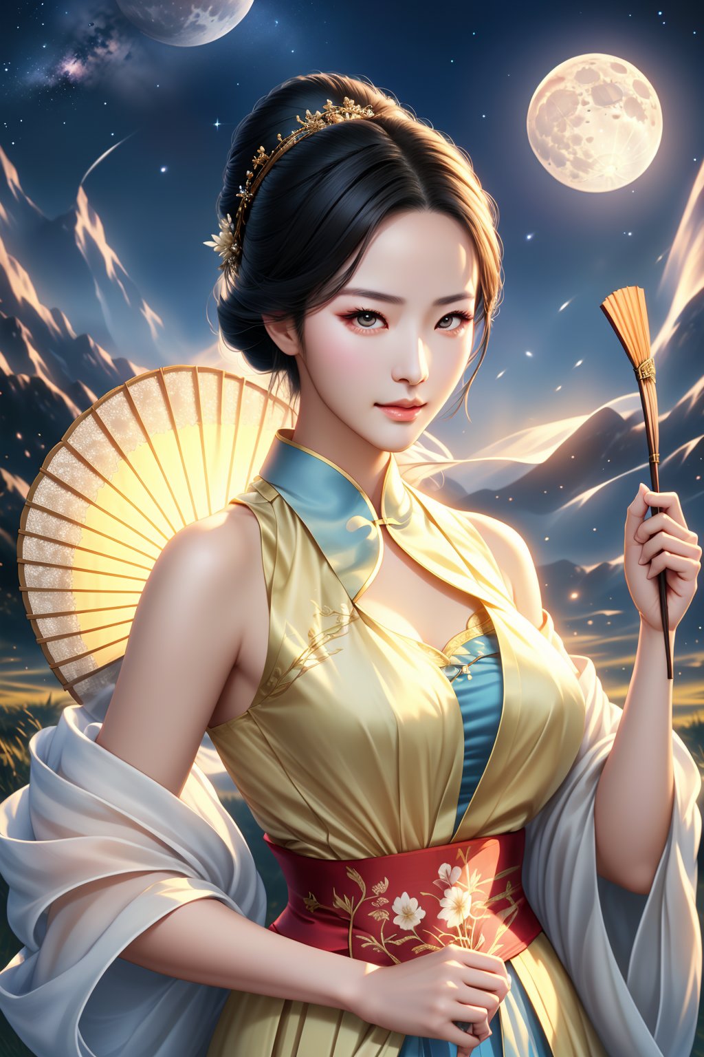 A stunning ancient Asian woman, resembling a supermodel, gazes into the viewer's eyes. She holds a traditional Han dynasty round fan, gently fanning herself to cool down on a hot night. The full moon illuminates the sky, with large, bright stars forming a majestic galaxy. A gentle breeze lifts her hair, creating a serene and beautiful scene. This official art piece captures a masterpiece of solo, ultra-high quality, and extreme beauty.