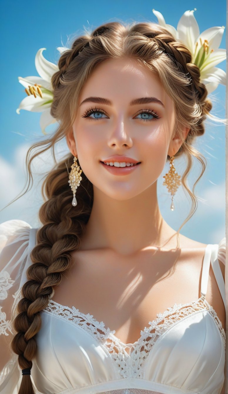 Close-up, young girl with light blue eyes, long thick eyelashes, she looks like 18-year-old Phoebe Keys with messy hair, full body shot, wearing satin pants, standing, wearing beautiful white Dressed in mesh and lace, she danced to the music and looked very happy. There are also braids of lilies all over the sky, which are extremely beautiful. High quality. Modifiers: Alphonse Mucha, boris valejo dedecent illustration, Anne Boonchuy, art_booster, BlackworkStyleManityro, WOWAI, Expressiveh, Apoloniasxmasbox