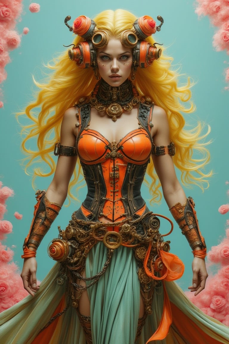 An acrylic model of a very beautiful woman with long wavy yellow hair, dressed as a romantic queen of love, blending the elegance of an empress with steampunk and cybernetic elements. She wears a striking black dress with an orange corset, a light green skirt, and steampunk accessories like gears, goggles, and metallic details. Cybernetic enhancements give her a futuristic edge. The background features a light blue gradient with light pink and light yellow complementary textures, creating a vibrant and dynamic atmosphere, highlighting her domineering power.