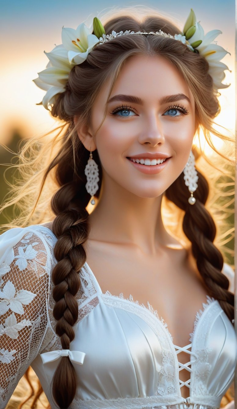 Close-up, young girl with light blue eyes, long thick eyelashes, she looks like 18-year-old Phoebe Keys with messy hair, full body shot, wearing satin pants, standing, wearing beautiful white Dressed in mesh and lace, she danced to the music and looked very happy. There are also braids of lilies all over the sky, which are extremely beautiful. High quality. Modifiers: Alphonse Mucha, boris valejo dedecent illustration, Anne Boonchuy, art_booster, BlackworkStyleManityro, WOWAI, Expressiveh, Apoloniasxmasbox