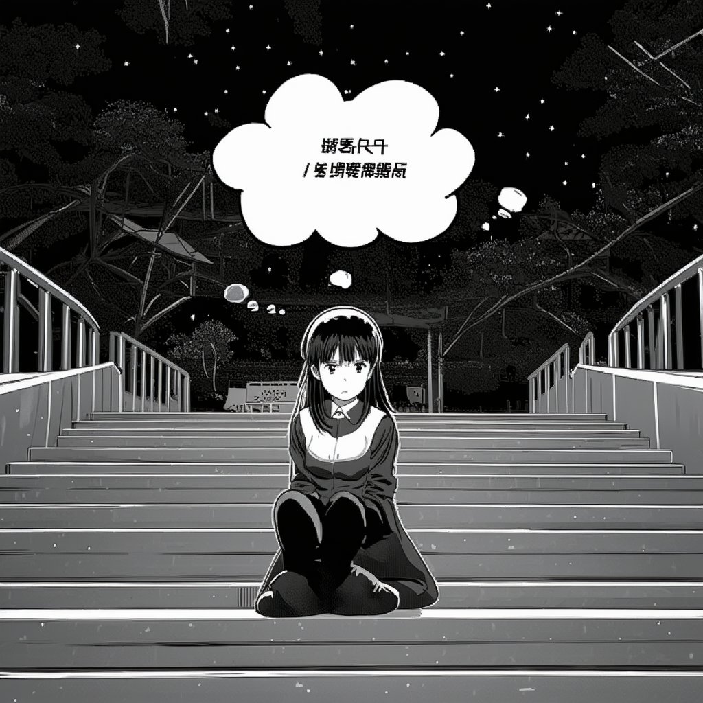 A beautiful girl, visibly angry, sits on a staircase in an amusement park, waiting for her boyfriend who is three hours late for their date. Above her head floats a comic-style thought bubble containing the text: 生氣，等會兒要罰他！ (Angry, I'm going to punish him!). The scene is bathed in dramatic lighting, emphasizing her expression and the thought bubble. The background is kept simple, with minimalistic elements of the park setting. Stars twinkle in the night sky, adding a sense of tension and anticipation to the composition.