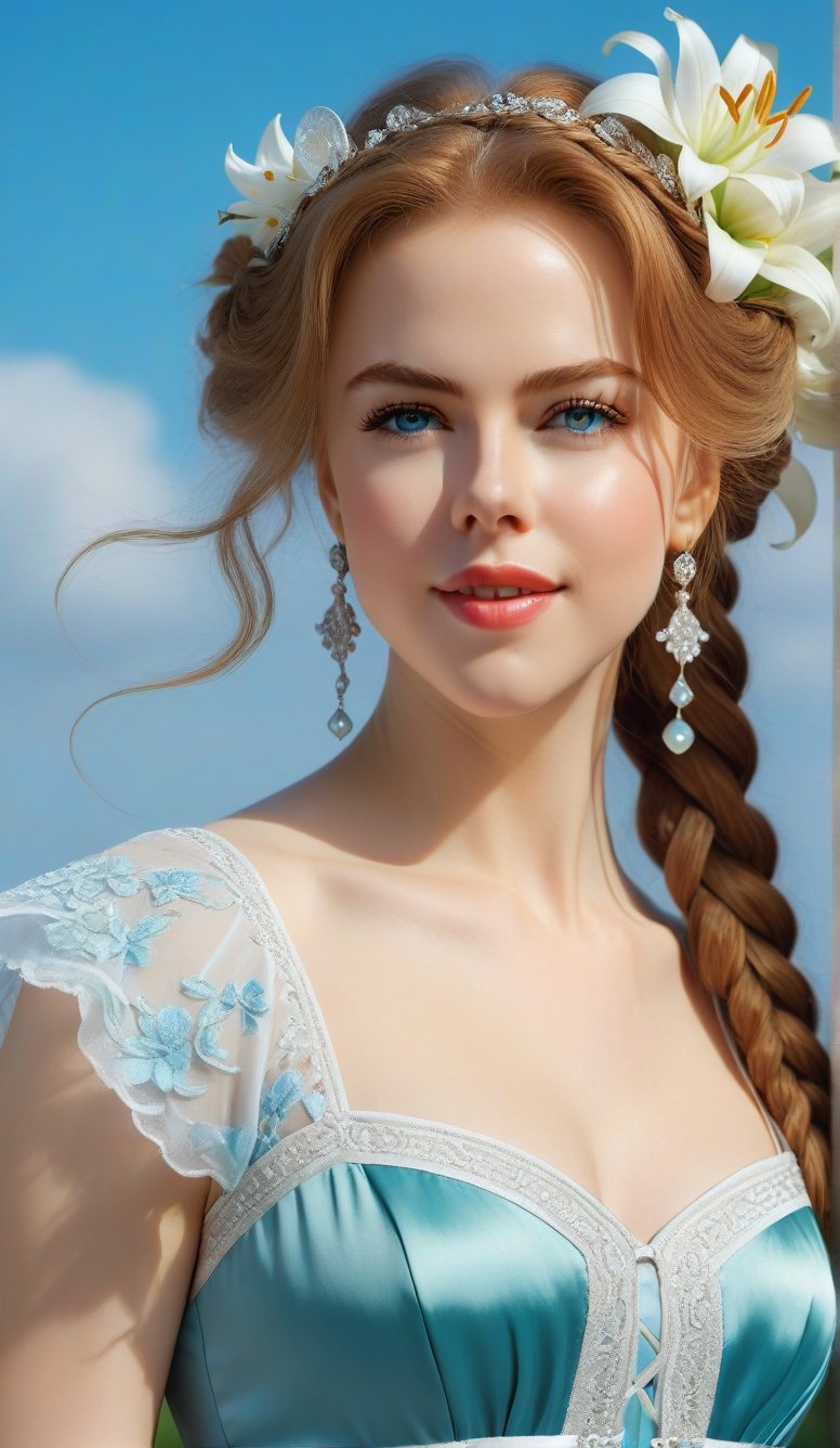 Close-up, young girl with light blue eyes, long thick eyelashes, she looks like 18-year-old Nicole Kidman with messy hair, full body shot, wearing satin pants, standing, beautiful in various colors Wearing beautiful little dresses and casual wear in popular styles, she danced to the music and looked happy. There are also braids of lilies all over the sky, which are extremely beautiful. High quality. Modifiers: Alphonse Mucha, boris valejo dedecent illustration, Anne Boonchuy, art_booster, BlackworkStyleManityro, WOWAI, Expressiveh, Apoloniasxmasbox