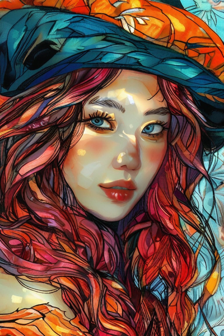 Close-up portrait of a beautiful 19-year-old Korean supermodel woman with beautiful blue eyes and long wavy pink hair wearing a pirate turban in the style of Vincent Van Gogh, bright colors and dark orange , deep aqua and bold buff with swirling, textured brushstrokes. Artists: Vincent van Gogh, Henri de Toulouse-Lautrec, Paul Gauguin.