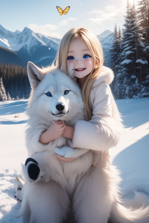 A little girl with blond hair and very fair skin. She is only 4 years old, but she grew up with a snow wolf with white fur and blue eyes. The snow wolf loves the little girl very much. He can put her to sleep and carry her on the grassland. The little girl always smiles happily. The little girl is extremely beautiful, with blue eyes, very lively, and long and thick eyelashes. To make her even more beautiful, she would often roll around on the grass with the snow wolf. The little girl wears all kinds of cute clothes. Outdoors, sunshine, mountains, trees, flowers, birds, butterflies. light and shadow. 