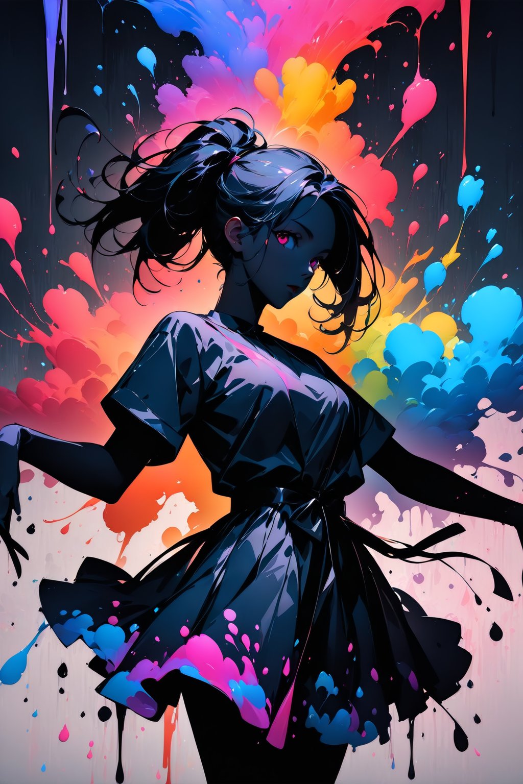 Silhouette of girl, ink strokes in background, looking at viewer, dancing pose, ink rain, stunning image, ink smoke, digital art, professional style, ((Masterpiece Quality: 2)), ink drops and ink droplets Drops also have colorful drop-like extensions for an attractive image.