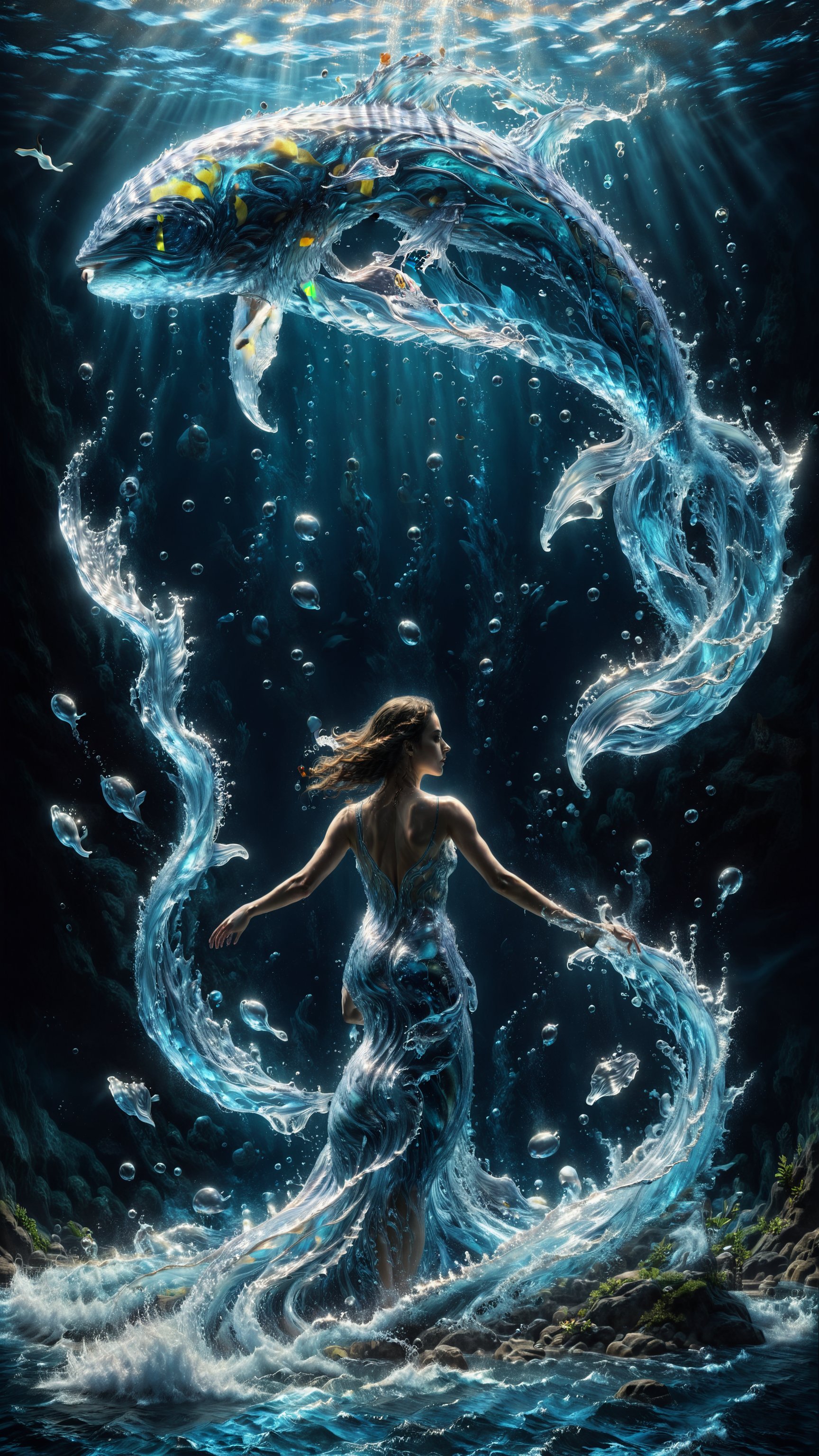 Beautiful tall girl with her back to the audience, figure, fantasy, whale, surrealism, science fiction, fantasy, new play {{{Masterpiece}}}, liquid flow form. The flow of sea water and the swimming of animals create the outline of the fish, realism and realism. The light and shadow in the water and the bottom of the sea are extremely beautiful.