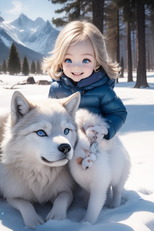 A little girl with blond hair and very fair skin. She is only 4 years old, but she grew up with a snow wolf with white fur and blue eyes. The snow wolf loves the little girl very much. He can put her to sleep and carry her on the grassland. The little girl always smiles happily. The little girl is extremely beautiful, with blue eyes, very lively, and long and thick eyelashes. To make her even more beautiful, she would often roll around on the grass with the snow wolf. The little girl wears all kinds of cute clothes. Outdoors, sunshine, mountains, trees, flowers, birds, butterflies. light and shadow. 