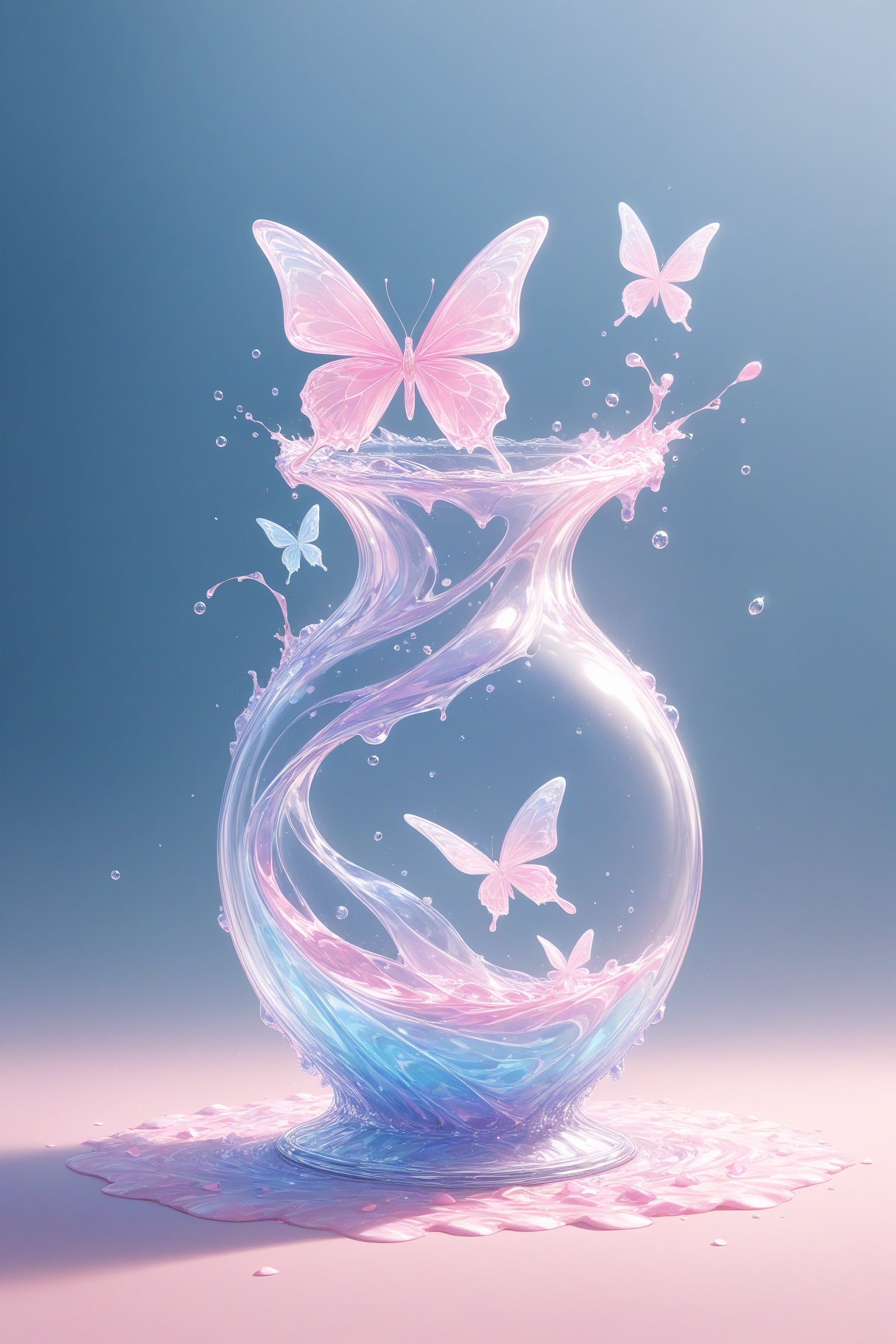 {Elegant crystal glass locomotive with beautiful curves filled with marbled pink and white liquid forming the shape of a butterfly. Butterflies and textures. Smooth insect silhouettes with undulating dynamic movement. Pastel petals float around the vase. }