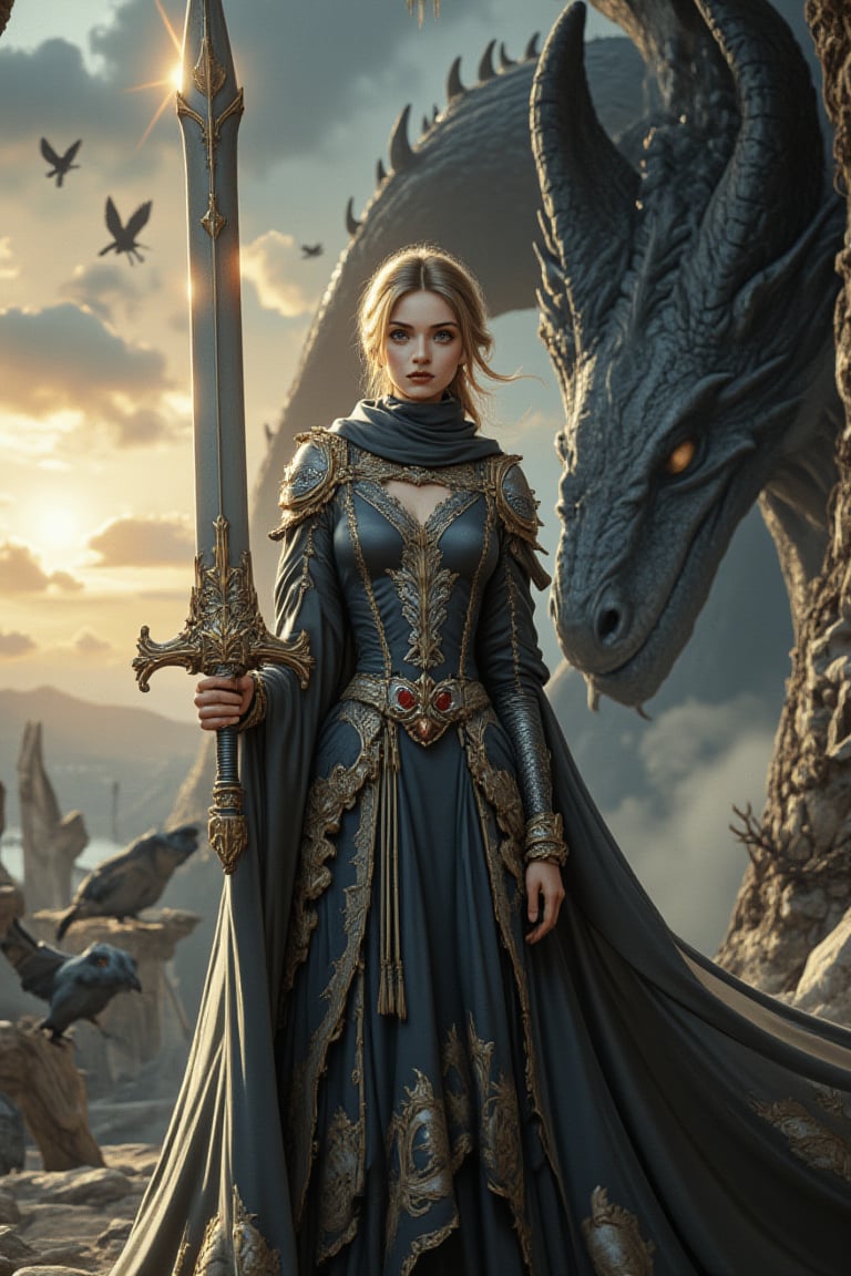 A masterpiece featuring an extremely detailed dragon warrior girl with proud facial features illuminated by warm silver light. She wears a flowing cloak, holding her sword high and looking firmly ahead. In the background, a massive dragon is chained, its scales gleaming like dark gems, as it stares at the female warrior with ancient wisdom. Crows gather on the horizon, threatening the ominous and eerie atmosphere, but the beautiful female warrior remains determined and ready to face challenges. This professional, award-winning artwork showcases intricate detail, ultra-high detail, 8k resolution, volumetric lighting, dynamic lighting, and cinematic aesthetics, with comic book panels by Travis Charest and Phil Noto.