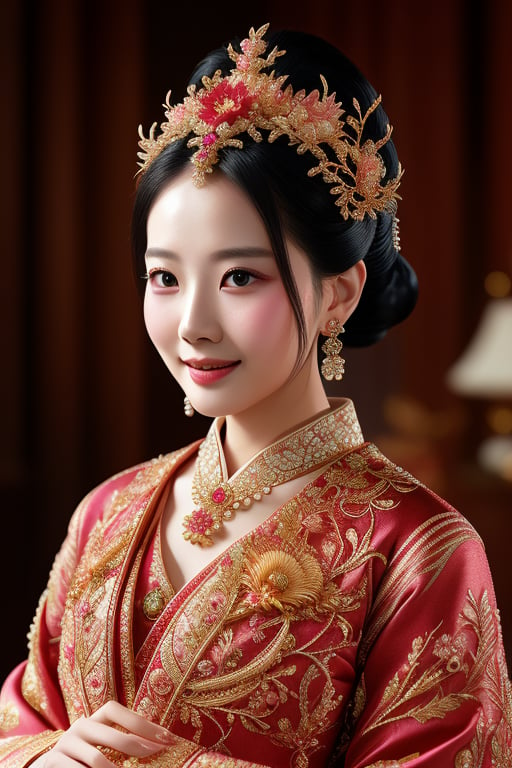 A photorealistic masterpiece depicting a stunning 18-year-old Chinese supermodel, adorned in a breathtaking ancient Chinese wedding ensemble. She wears an elaborate phoenix crown, intricately crafted with gold wire, jade beads, and multiple strings of pearls, featuring delicate phoenixes, gold leaves, and gems. Her attire includes a rich red and gold layered silk robe, embroidered with dragons and auspicious symbols, and wide flowing sleeves detailed with exquisite embroidery. The collar is inlaid with gems, and her black, silk-like hair is styled into a wedding bun, revealing her snow-white neck.

Her forehead is adorned with a meticulously painted red flower mother-of-pearl, featuring a small, intricate pattern of three flower braids or four small water chestnuts. Her dark, lustrous eyes are bright, with long, thick eyelashes that convey a hint of shyness. Her face is subtly pink, complemented by her fair skin and slightly curled lips, hinting at a gentle smile.

She holds a beautifully patterned, transparent round fan, partially covering her face, creating a striking contrast with her opulent attire. The scene is captured with ultra-high definition, showcasing the intricate details, realistic textures, and the interplay of light and shadow, enhancing the overall wedding atmosphere. The model looks directly at the audience, her captivating presence deeply drawing in viewers, making this a true masterpiece of realism and fantasy.