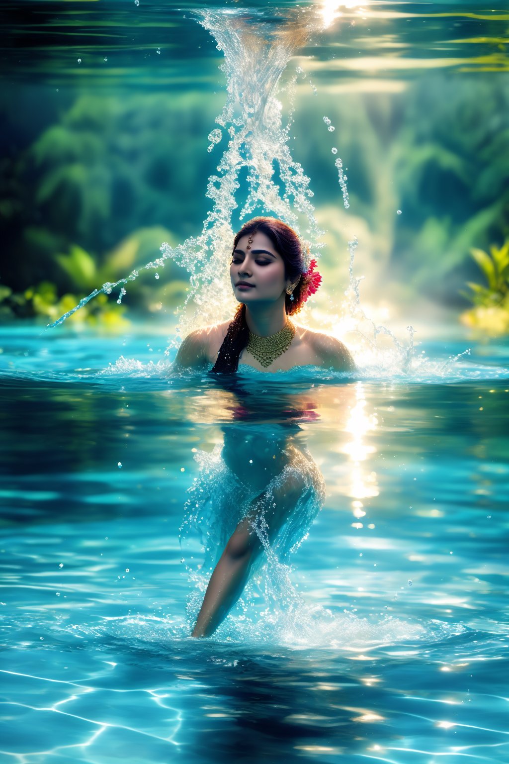 A stunning Indian beauty emerges from a serene pool, her body partially submerged in crystal-clear water. She dives beneath the surface and resurfaces, her face tilted upwards, droplets cascading around her, creating a mesmerizing splash. The scene is illuminated with soft, natural light, enhancing the depth and realism of the composition. The background is blurred, focusing attention on her graceful pose and the dynamic water effects, capturing a masterpiece of beauty and tranquility.