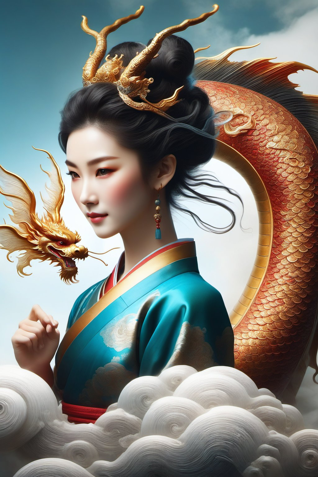 An oriental fairy, her facial features are classically beautiful and even more beautiful than the current Korean female supermodels. She wore her Han Dynasty woman's hair in a bun and wore a white Han Dynasty woman's robe. She stood on the back of an Eastern dragon soaring in the clouds and mists with a fairy air. The Oriental Dragon plays in the clouds, he chases the dragon's toy, the dragon ball, playing, {{{dragon chases the glowing dragon ball}}}, creating a dynamic composition under soft, ethereal lighting. This scene captures the calm expression of the fairy and the powerful and fluid movements of the dragon against a mysterious cloud background.