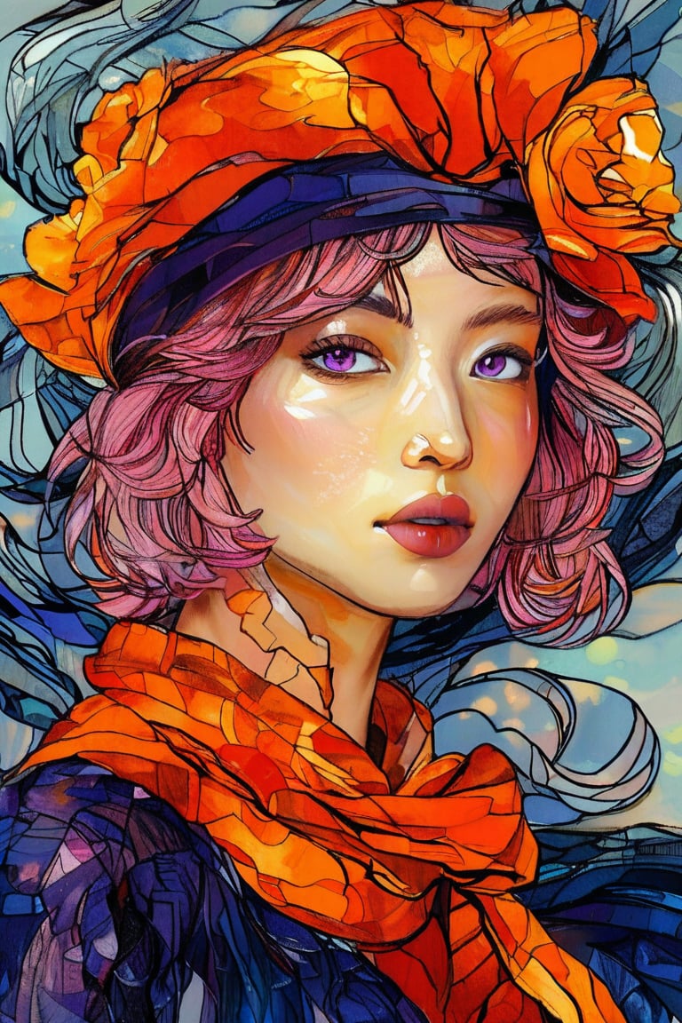 Close-up portrait of a beautiful 19-year-old Korean female supermodel woman with beautiful purple eyes, short pink hair and a pirate turban in the style of Vincent van Gogh in bright colors of deep orange, dark blue and Bold orange with swirling, textured brushstrokes. Artists: Vincent van Gogh, Henri de Toulouse-Lautrec, Paul Gauguin. Painted rose glass art.