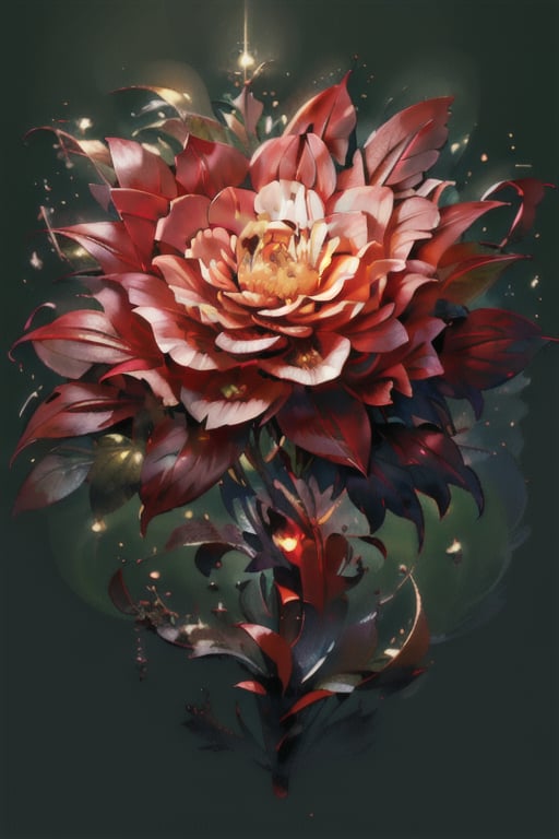 A stunning bouquet of red Lycoris radiata, also known as the flower of the other shore, is depicted with each flower resembling a glowing red crystal, shimmering and radiant. The artwork captures the beauty of these flowers, with light refracting through them, creating a breathtaking spectacle. The composition is a solo masterpiece, exuding an ethereal, otherworldly charm that is truly awe-inspiring. The interplay of light and shadow enhances the visual impact, making this piece a timeless work of art that elicits admiration and wonder.