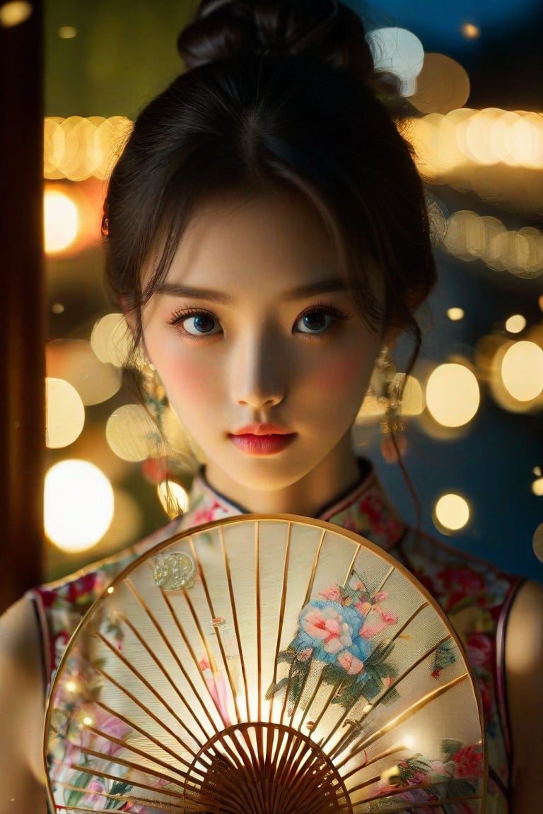 Professional photography: Alessio Albi, a Chinese girl who is more beautiful than a Korean female supermodel. The fan only covers her nose, revealing her beautiful big blue eyes, which are smart and lively, and her eyelashes are naturally long and dense. Peony pattern traditional cheongsam, exquisite Chinese round fan, silk fan surface, long bamboo fan handle body, very detailed details on the girl's face, holding round fan, long bamboo fan handle, Chinese calligraphy text written on the surface of the fan, among the stars In the night environment, nearby lights hint at the arrival of the festival. Highly detailed cinematic lighting, 8K resolution.
A superhuman masterpiece.
