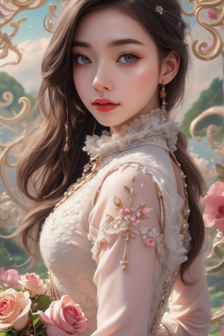 A most beautiful lady in rococo art style, adorned with intricate lace, flowing silk gowns, and delicate floral patterns. Her elegant posture and soft, flowing hair create a sense of grace and refinement. The background features ornate, swirling patterns and soft pastel colors, enhancing the overall opulence and charm of the scene.