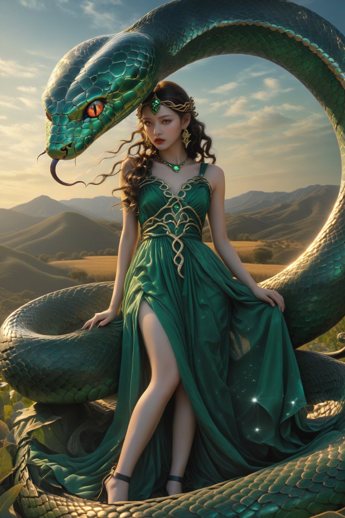 (((Greek Mythology))) A girl in ancient Han Dynasty clothing. She is the Greek goddess Medusa. She was punished and had a head full of small white snakes. Everyone who looked at her was turned to stone. There was a farmer working in the fields, plowing the fields. for the hissing sounds of the many snakes above Medusa's head were heard. Turn around and look. Suddenly, the farmer turned into a stone statue. Greek mythology.
Light and shadow. The background is a starry sky. The stars came out secretly, and the sky was dark. The little snakes on Medusa's head emit silver light, making the night brighter. Ultra-high cinematic effect, ultra-detailed quality. Because of the existence of Medusa, the whole scene is very scary. masterpiece.
