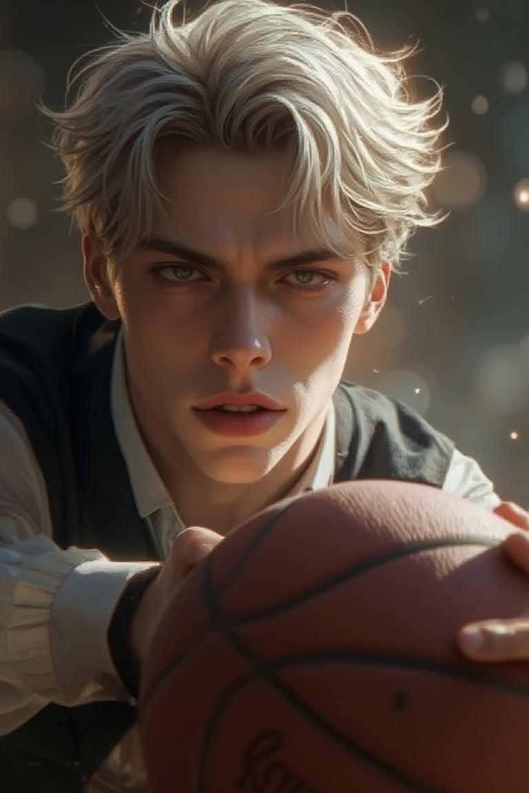 (Best Quality, 128K, High Resolution, Masterpiece: 1.2), Ultra Detailed, (Realistic: 1.37), A tall, 188 cm man with extremely white skin, short hair, and formal clothes, holding a basketball. His handsome, detailed eyes focus intently, pursed lips showing determination. He stands on a basketball court, about to shoot. Bokeh lighting enhances the portrait, highlighting his poised action. Male focus, high-resolution detail.