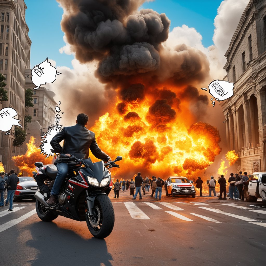 A hyper-realistic 3D rendered scene in ultra-high definition, featuring a strikingly handsome man in a leather jacket, astride a powerful motorcycle amidst a bustling urban street. The background is simple yet detailed, with a variety of vehicles and pedestrians filling the scene. Suddenly, a massive explosion rocks a nearby science and astronomy museum, with vivid flames, thick black smoke, and billowing white clouds. The sound of the explosion is intense, accompanied by a chorus of shocked exclamations. Comic-style speech bubbles, shaped like explosions, appear around the scene, adding to the chaos. The man on the motorcycle, along with others, reacts quickly, some rushing to help while others dial emergency services. The RTX technology enhances the lighting and shadows, creating a dramatic and lifelike atmosphere. The composition captures the urgency and scale of the disaster with exceptional clarity and detail.