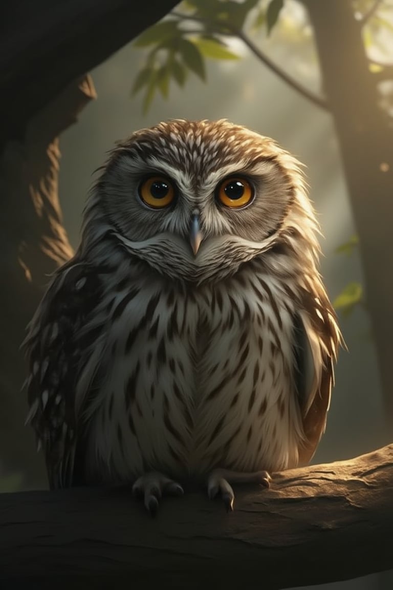 Funny animals, Midjourney style, Photorealism, Cinematic style, high fidelity, realism, chiaroscuro, play of shadow and light, rays of light. A small zhibi owl.