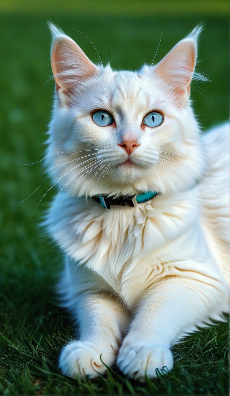 Close-up of a cute fold-eared cat with light blue eyes and long, thick eyelashes. She is a two-year-old folded cat with messy hair. Full body shot. She was lying on the grass, her belly turned upward, her eyes clear. She was holding the employee's hand, being affectionate, and said that she would go to the market another day.
This cat’s name is KM, it’s very ==========
 Looking at the audience, he looked happy. There are also perfume flowers flying all over the sky, so beautiful. High quality. Modifiers: Alphonse Mucha, boris valejo dedecent illustration, Anne Boonchuy, art_booster, BlackworkStyleManityro, WOWAI, Expressiveh, Apoloniasxmasbox
在 Google 翻譯中開啟
•
意見回饋
