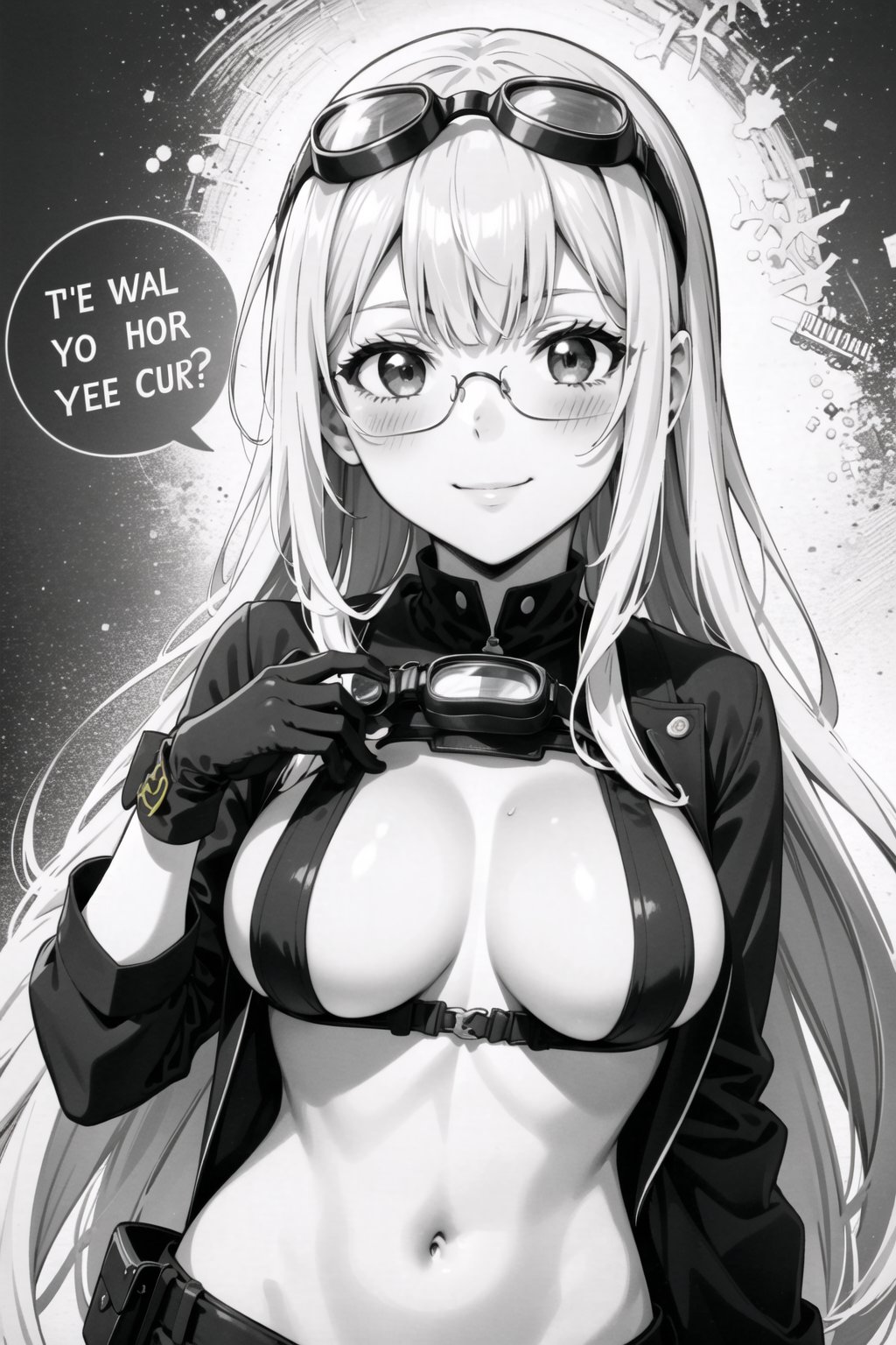 1girl, long hair, looking at viewer, blush, smile, bangs, gloves, monochrome, greyscale, glasses, virtual youtuber, speech bubble, english text, goggles, goggles on head, multiple others
