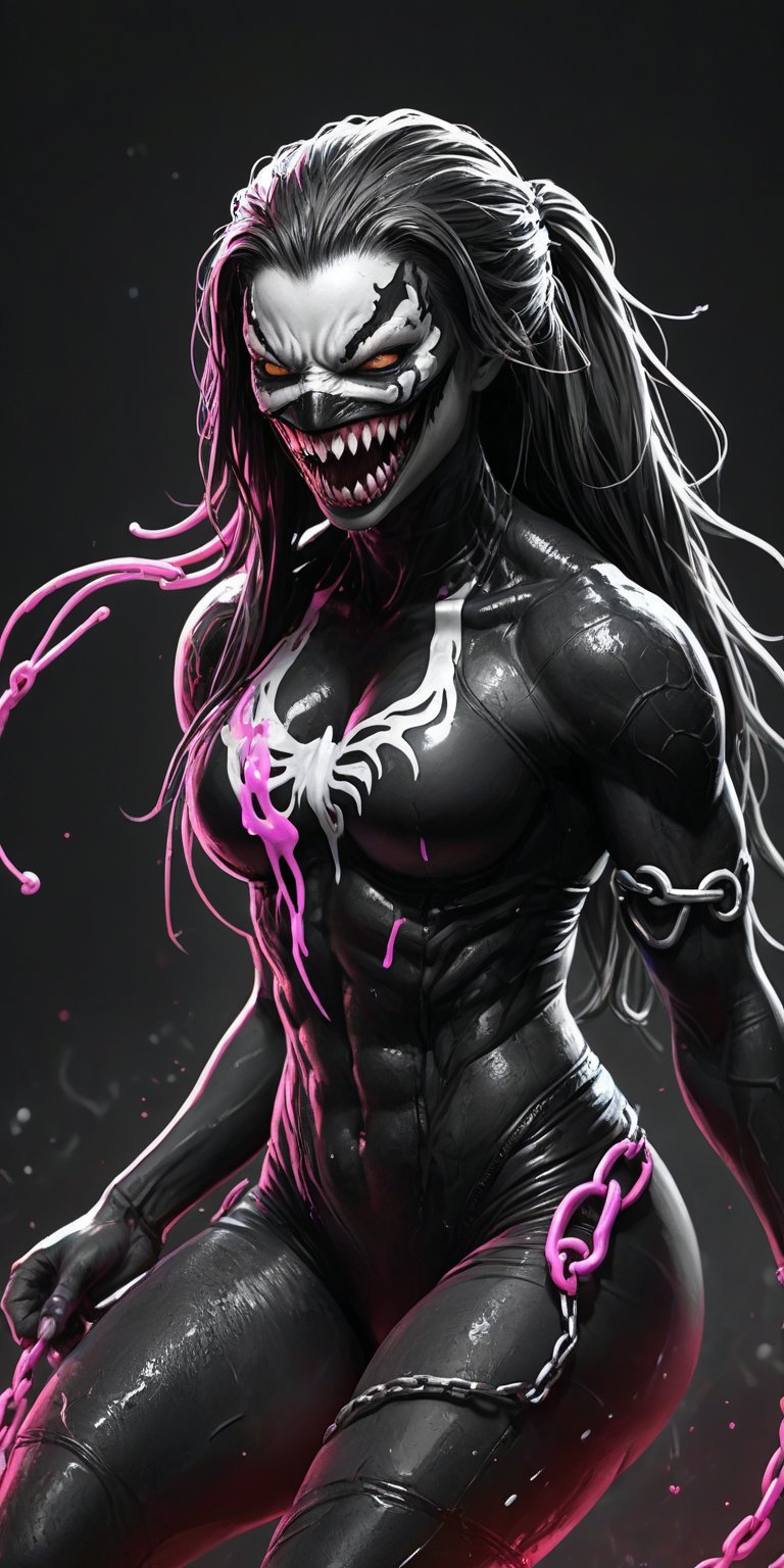 Black and white sketch, realistic, Venom, female, Marvel comics, chains, (((splashes of neon colors)))), neon colors,Kurisutaruu