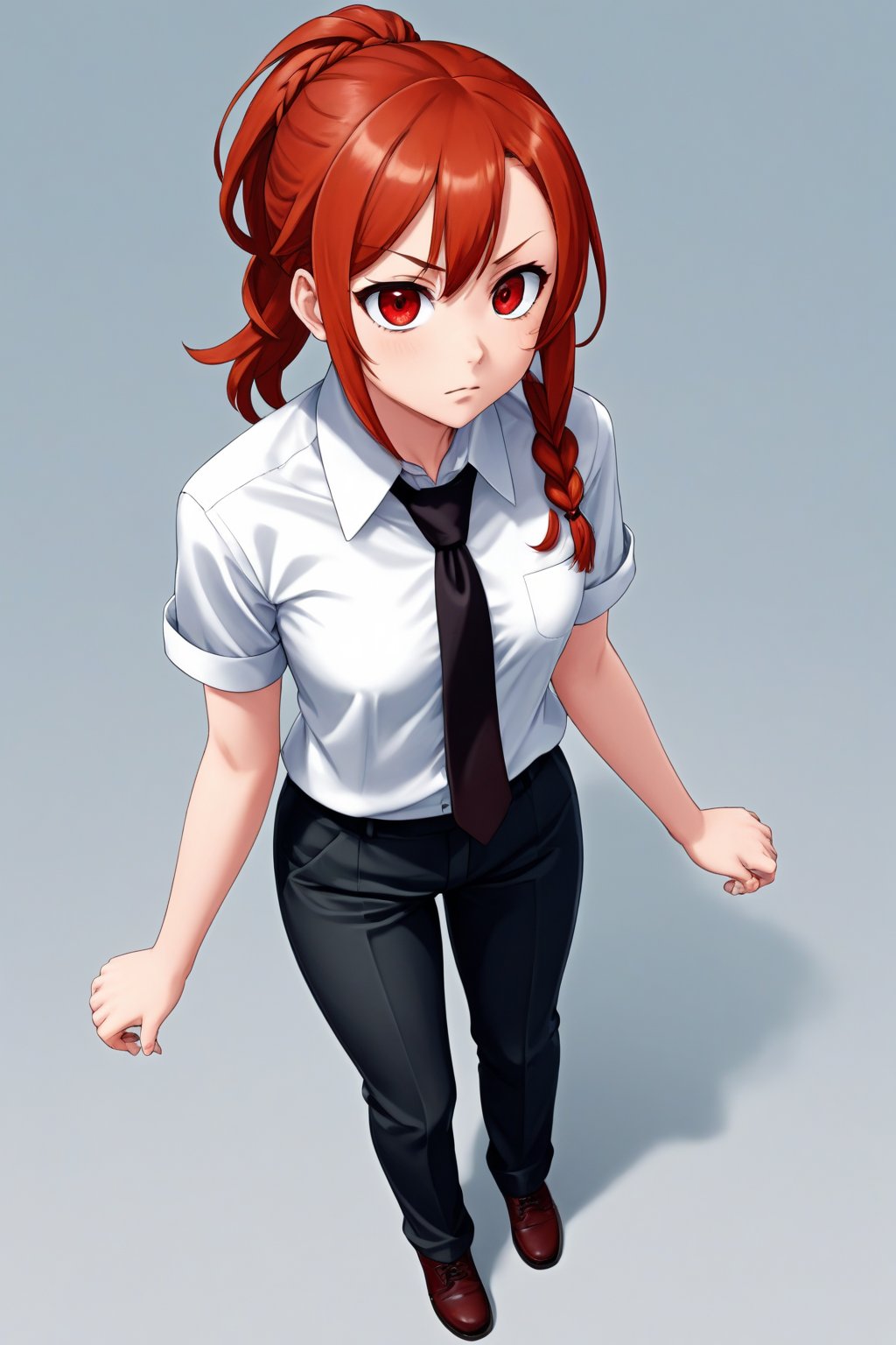 score_9, score_8_up, score_7_up, score_6_up, score_5_up, score_4_up, BREAK, source_anime,makima_v1, 1girl, red hair, ringed eyes, braided ponytail, solo, black necktie, shirt, collared shirt,black_pants