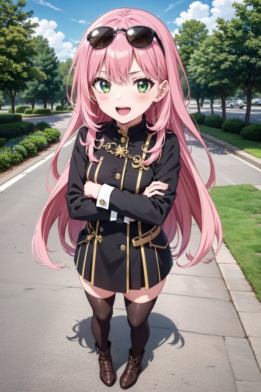 1girl, solo, long hair, pink hair, green eyes, smile, open mouth, bangs, full body, outdoors, sky, virtual youtuber, chibi, thighhighs, long sleeves, brown footwear, crossed arms, sunglasses, juliet sleeves, eyewear on head, photo background

