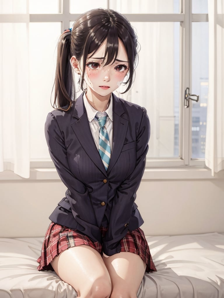 absurdres, highres, ultra detailed, (1girl:1.3), BREAK window, 1girl, kneehighs, necktie, plaid, school_uniform, jacket, white_legwear, rating:safe, sitting, indoors, skirt, plaid_skirt, striped_necktie, tears, brown_eyes, solo, curtains, looking_at_viewer, thighs, brown_hair, blazer, tearing_up, blush, blurry, long_sleeves, ribbon, shirt, hair_ribbon, mole, twintails, depth_of_field, collared_shirt, striped, bangs, sidelocks, day, crying, white_shirt, breasts, buttons, pleated_skirt, black_jacket, crying_with_eyes_open, closed_mouth, knees_up, blurry_background, no_shoes, long_hair, bed, mole_under_eye, on_bed, arm_support, sunlight, miniskirt, socks, hair_between_eyes, sitting_on_bed, diagonal-striped_neckwear, eyebrows_visible_through_hair, red_necktie, grey_skirt, side_ponytail