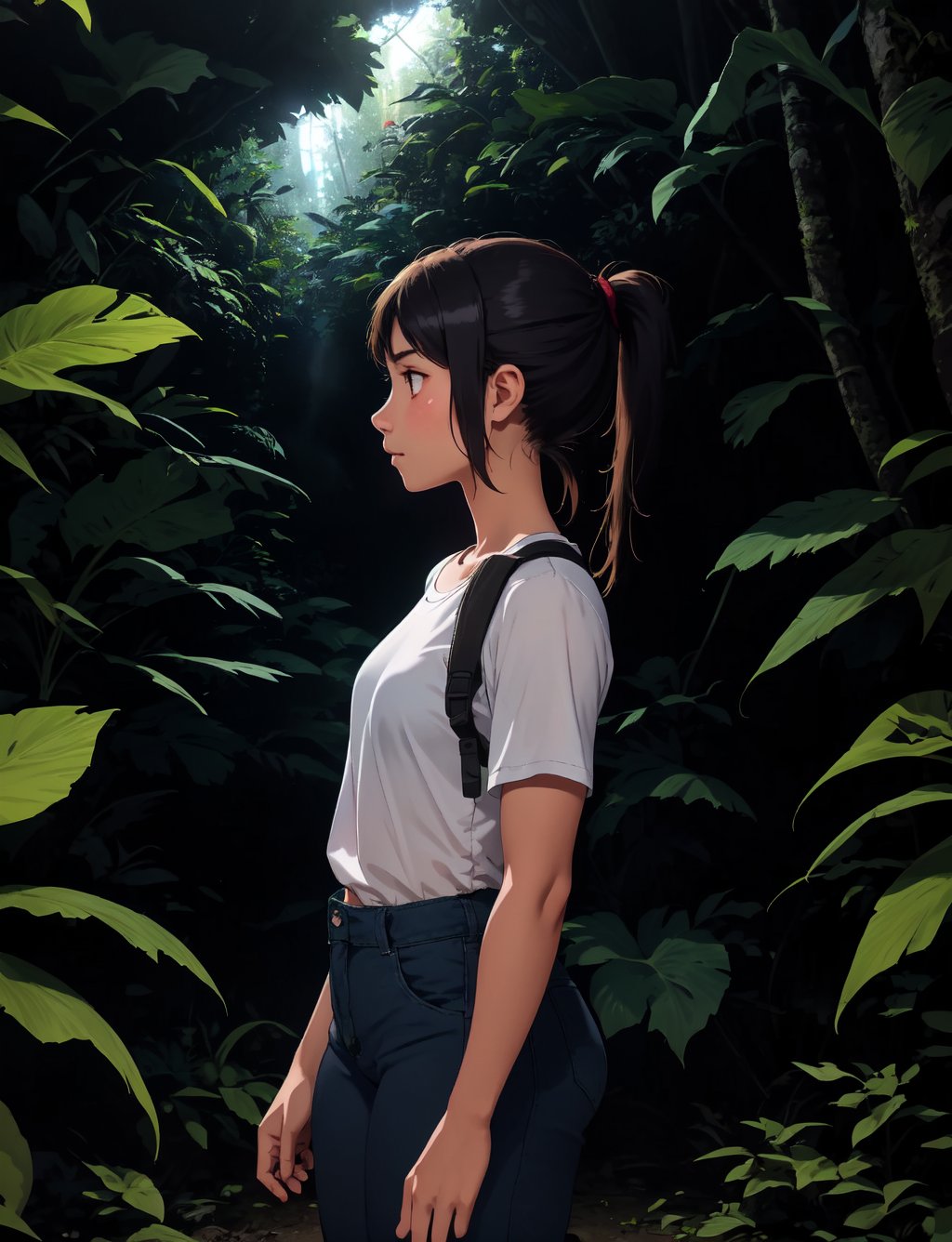 A young girl stands confidently at the edge of a dense jungle, her eyes fixed on some unseen distance. She wears a pair of durable pants shorts and a comfortable-looking shirt, her dark hair tied back in a practical ponytail. The darkness of the jungle night surrounds her, with only the faintest hint of starlight visible above the treetops. The air is thick with the sounds of nocturnal creatures, and the girl's profile is illuminated by the soft glow of a nearby firefly, casting an intimate, golden light on her determined expression.